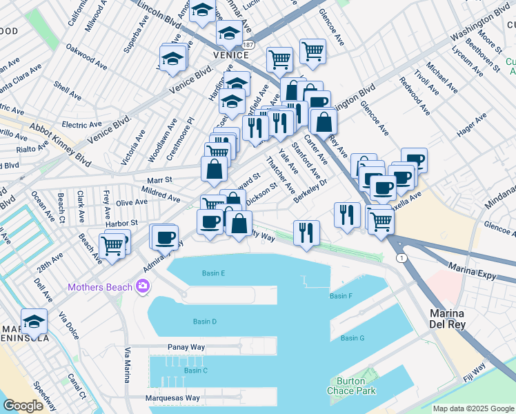 map of restaurants, bars, coffee shops, grocery stores, and more near 833 Oxford Avenue in Marina del Rey