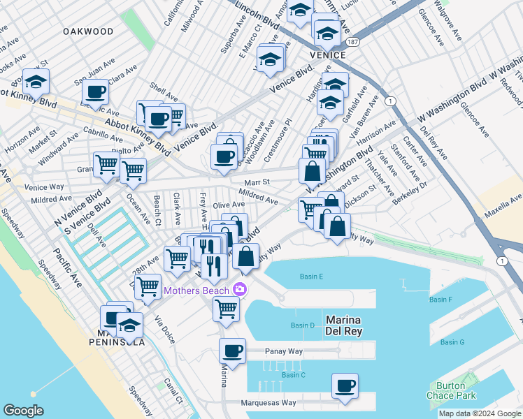 map of restaurants, bars, coffee shops, grocery stores, and more near 2412 Bryan Avenue in Los Angeles