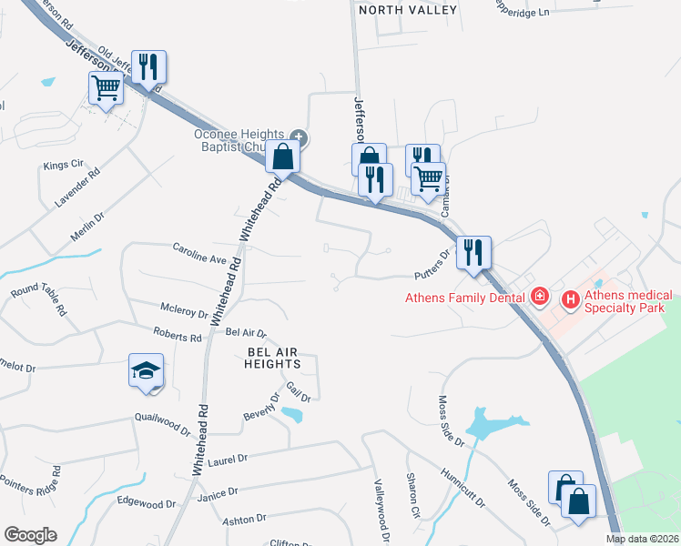 map of restaurants, bars, coffee shops, grocery stores, and more near 227 Putters Drive in Athens