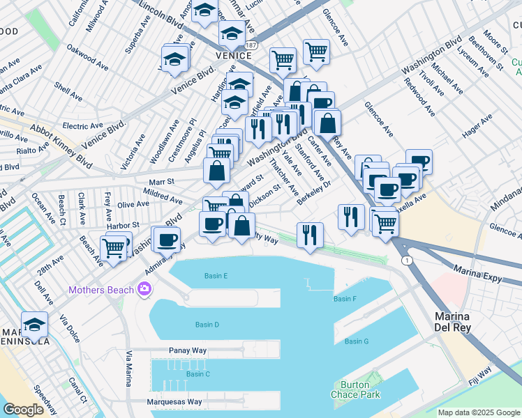 map of restaurants, bars, coffee shops, grocery stores, and more near 833 Oxford Avenue in Marina del Rey