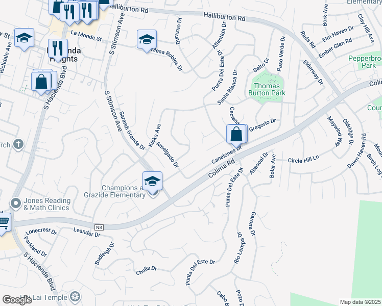 map of restaurants, bars, coffee shops, grocery stores, and more near 2612 Fontezuela Drive in Hacienda Heights