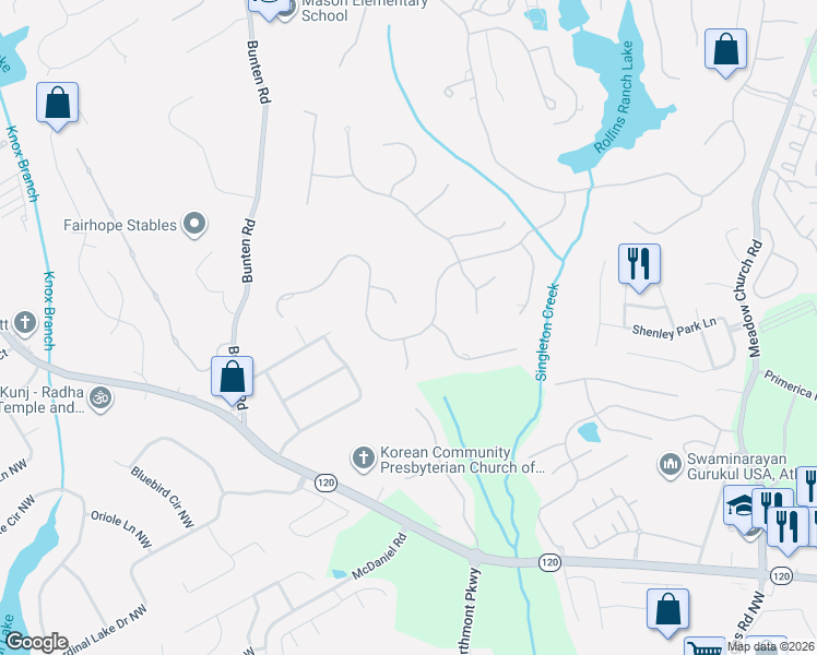 map of restaurants, bars, coffee shops, grocery stores, and more near 2634 Thurleston Lane in Duluth