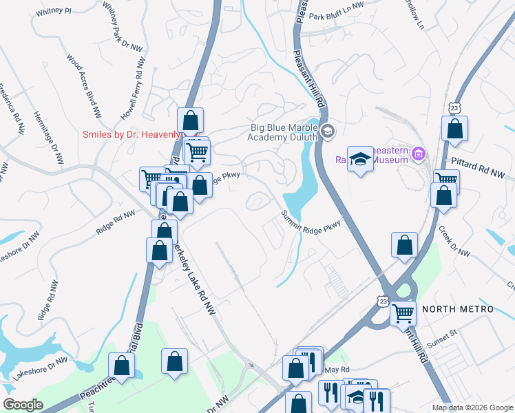 map of restaurants, bars, coffee shops, grocery stores, and more near 3830 Thayer Trace in Duluth