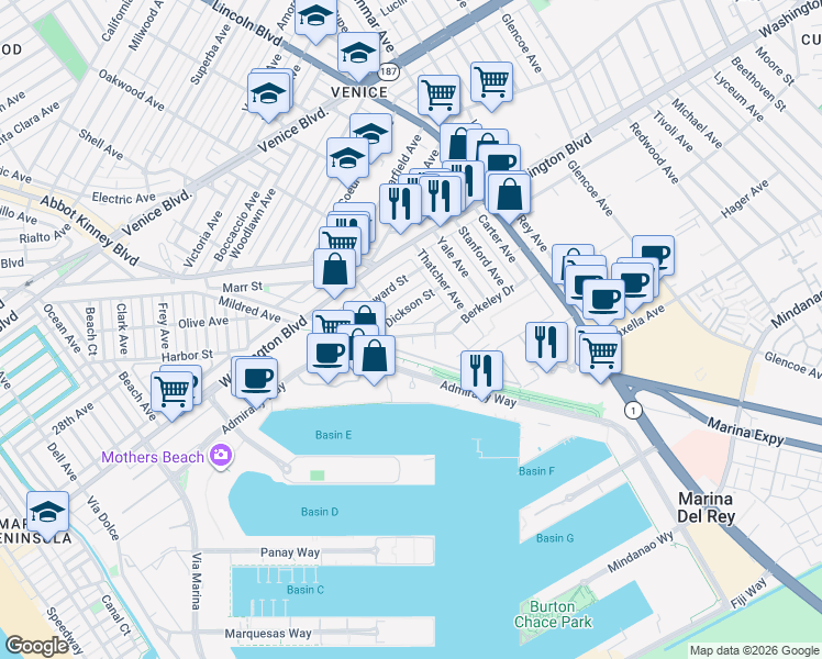 map of restaurants, bars, coffee shops, grocery stores, and more near 841 Oxford Avenue in Los Angeles
