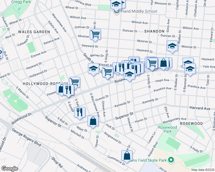 map of restaurants, bars, coffee shops, grocery stores, and more near 416 Graymont Avenue in Columbia
