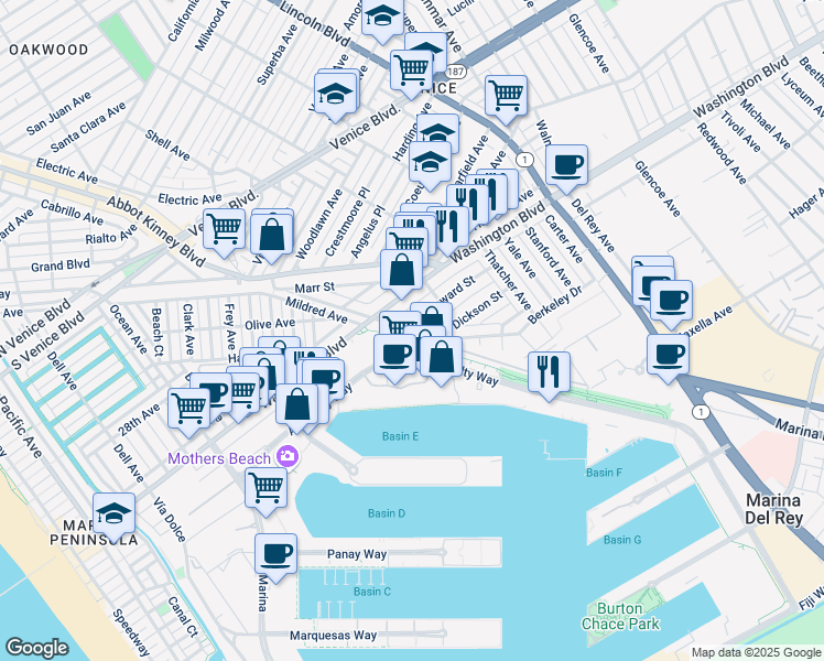 map of restaurants, bars, coffee shops, grocery stores, and more near 611 Howard Street in Marina del Rey