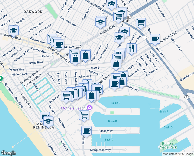 map of restaurants, bars, coffee shops, grocery stores, and more near 2412 Bryan Avenue in Los Angeles