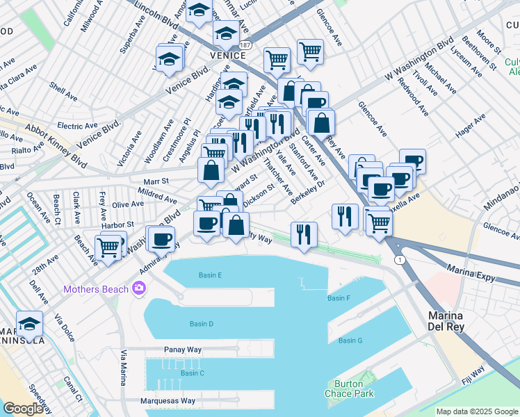 map of restaurants, bars, coffee shops, grocery stores, and more near 841 Oxford Avenue in Los Angeles