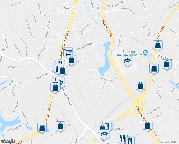 map of restaurants, bars, coffee shops, grocery stores, and more near 3855 Thayer Trace in Duluth
