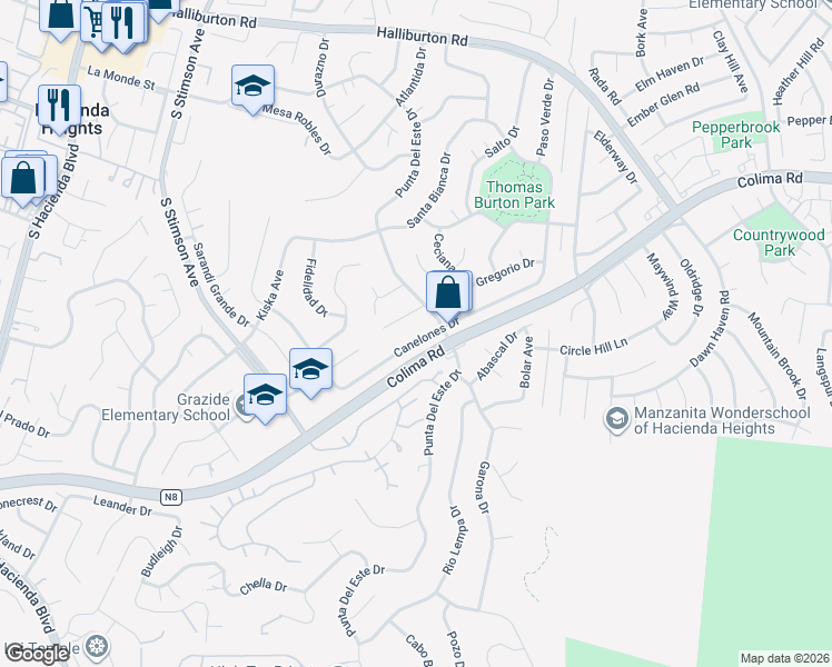 map of restaurants, bars, coffee shops, grocery stores, and more near 16353 Canelones Drive in Hacienda Heights