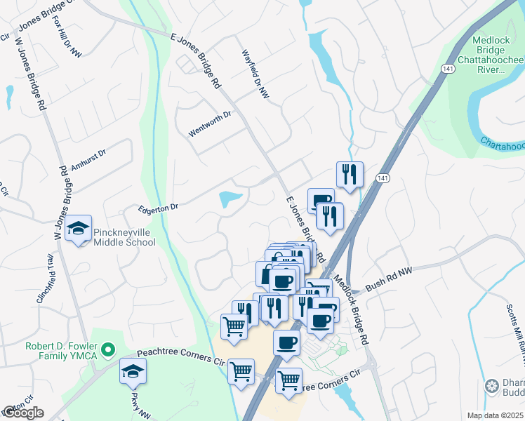 map of restaurants, bars, coffee shops, grocery stores, and more near 4015 Kings Paddock Court Northwest in Norcross