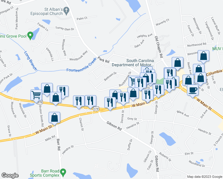 map of restaurants, bars, coffee shops, grocery stores, and more near 329 Buckthorne Drive in Lexington