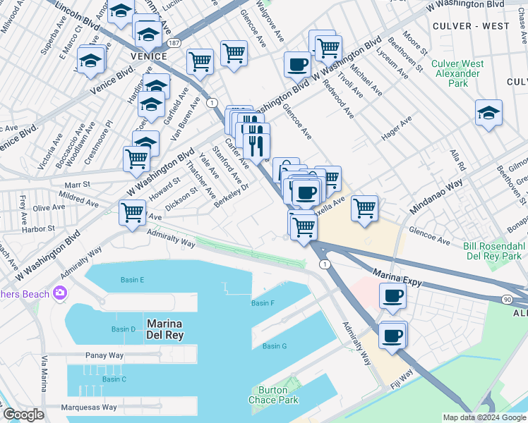 map of restaurants, bars, coffee shops, grocery stores, and more near 1046 Princeton Drive in Marina del Rey