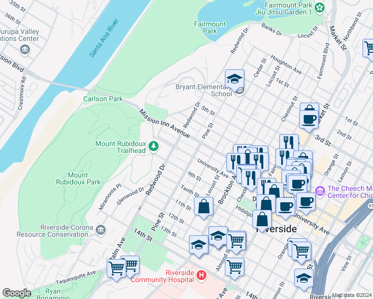 map of restaurants, bars, coffee shops, grocery stores, and more near 4445 University Avenue in Riverside