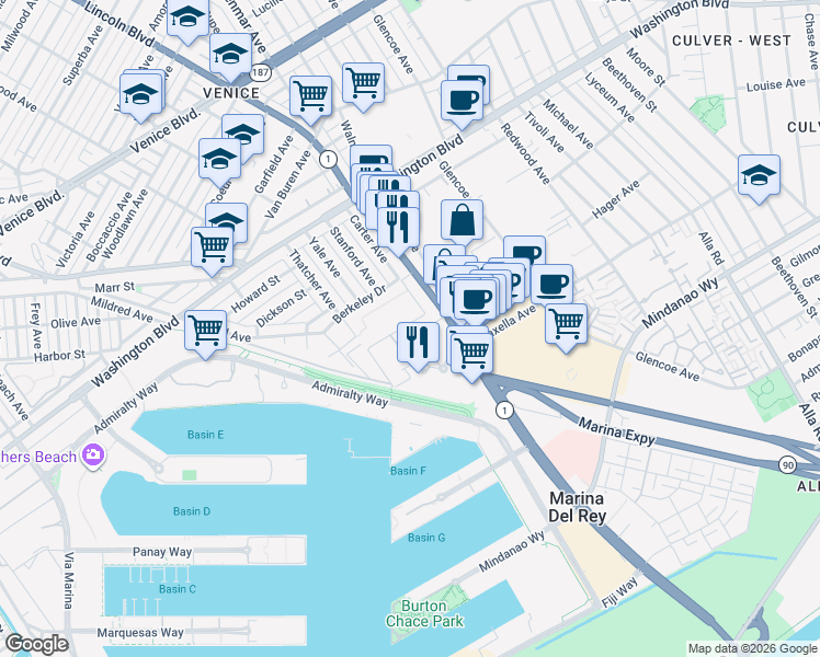 map of restaurants, bars, coffee shops, grocery stores, and more near 1046 Princeton Drive in Marina del Rey