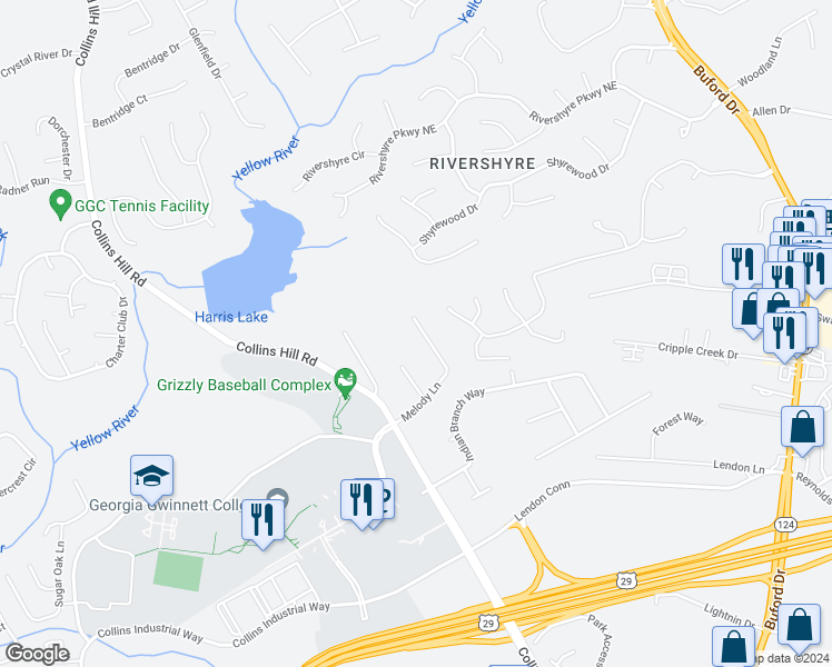 map of restaurants, bars, coffee shops, grocery stores, and more near 178 Melody Lane in Lawrenceville