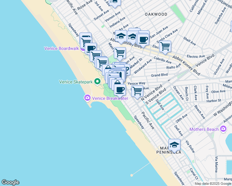 map of restaurants, bars, coffee shops, grocery stores, and more near 20 Windward Avenue in Los Angeles