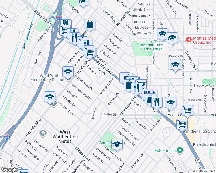 map of restaurants, bars, coffee shops, grocery stores, and more near 11103 Rincon Drive in Whittier