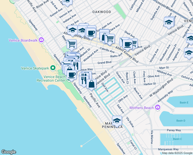 map of restaurants, bars, coffee shops, grocery stores, and more near 315 North Venice Boulevard in Los Angeles