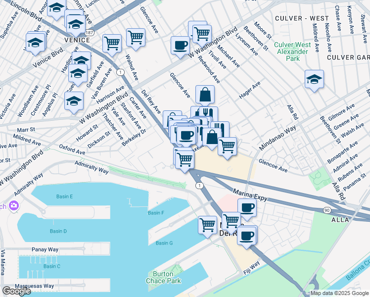 map of restaurants, bars, coffee shops, grocery stores, and more near 4230 Del Rey Avenue in Marina del Rey