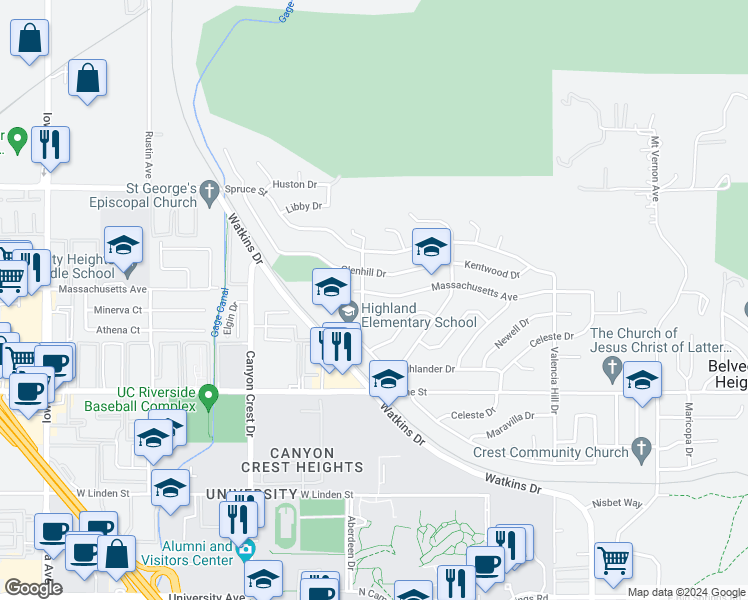 map of restaurants, bars, coffee shops, grocery stores, and more near 652 Massachusetts Avenue in Riverside