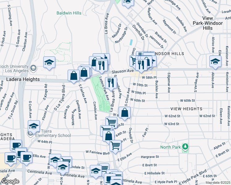 map of restaurants, bars, coffee shops, grocery stores, and more near 5928 South La Brea Avenue in View Park-Windsor Hills