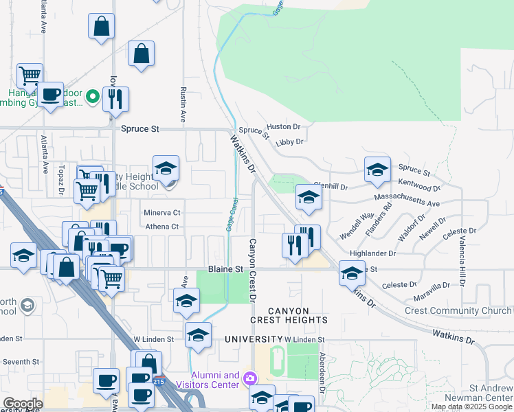 map of restaurants, bars, coffee shops, grocery stores, and more near 2891 Canyon Crest Drive in Riverside