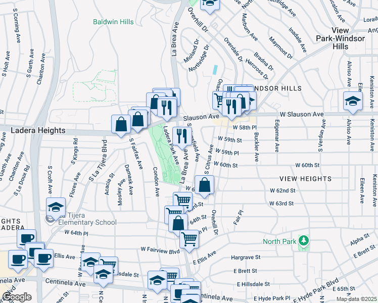 map of restaurants, bars, coffee shops, grocery stores, and more near 5928 South La Brea Avenue in View Park-Windsor Hills