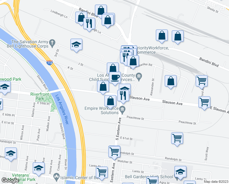 map of restaurants, bars, coffee shops, grocery stores, and more near 5701 South Eastern Avenue in Commerce