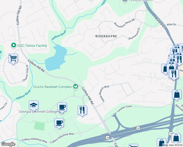 map of restaurants, bars, coffee shops, grocery stores, and more near 218 Melody Lane in Lawrenceville