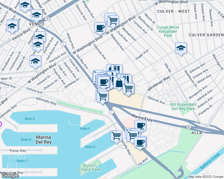 map of restaurants, bars, coffee shops, grocery stores, and more near 13488 Maxella Avenue in Marina del Rey