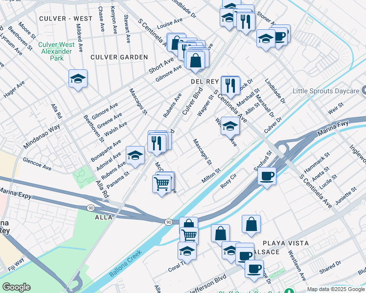 map of restaurants, bars, coffee shops, grocery stores, and more near 12600 Braddock Drive in Los Angeles