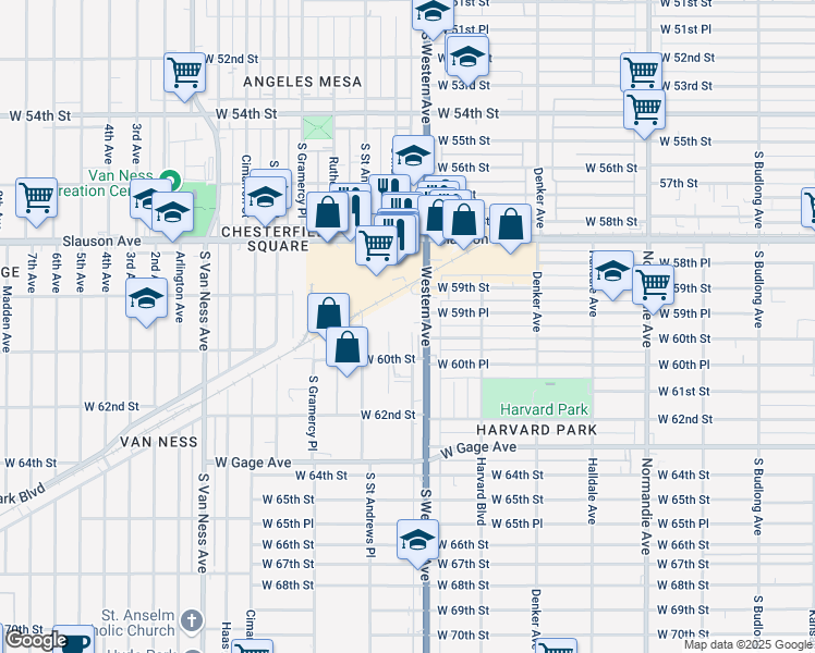 map of restaurants, bars, coffee shops, grocery stores, and more near 5921 S Western Ave in Los Angeles