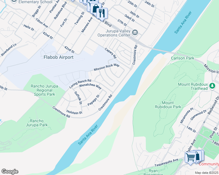 map of restaurants, bars, coffee shops, grocery stores, and more near 5102 Sierra Cross Way in Riverside