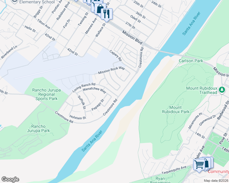map of restaurants, bars, coffee shops, grocery stores, and more near 5102 Sierra Cross Way in Riverside