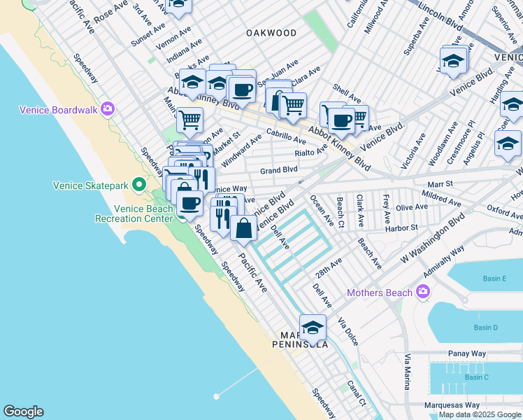 map of restaurants, bars, coffee shops, grocery stores, and more near N Venice Blvd & Dell Ave in Los Angeles