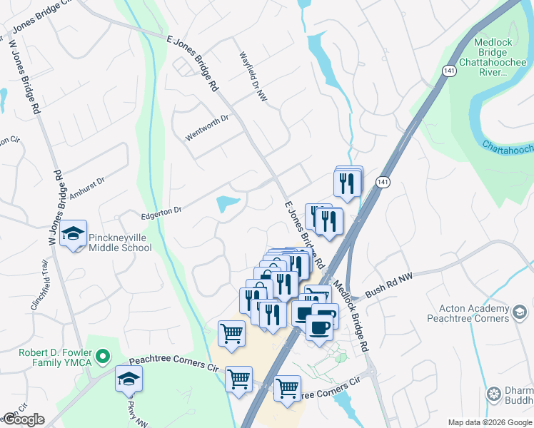 map of restaurants, bars, coffee shops, grocery stores, and more near 4025 Kings Paddock Court Northwest in Norcross