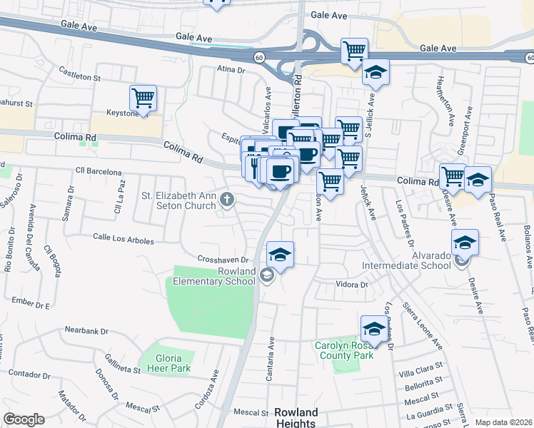 map of restaurants, bars, coffee shops, grocery stores, and more near 18236 Camino Bello in Rowland Heights