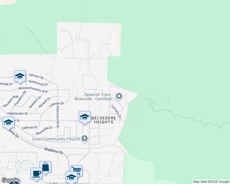 map of restaurants, bars, coffee shops, grocery stores, and more near 2820 Floral Avenue in Riverside
