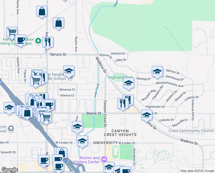 map of restaurants, bars, coffee shops, grocery stores, and more near 2891 Canyon Crest Drive in Riverside