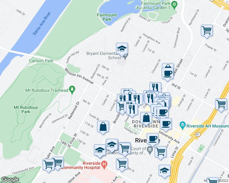 map of restaurants, bars, coffee shops, grocery stores, and more near 4245 6th Street in Riverside