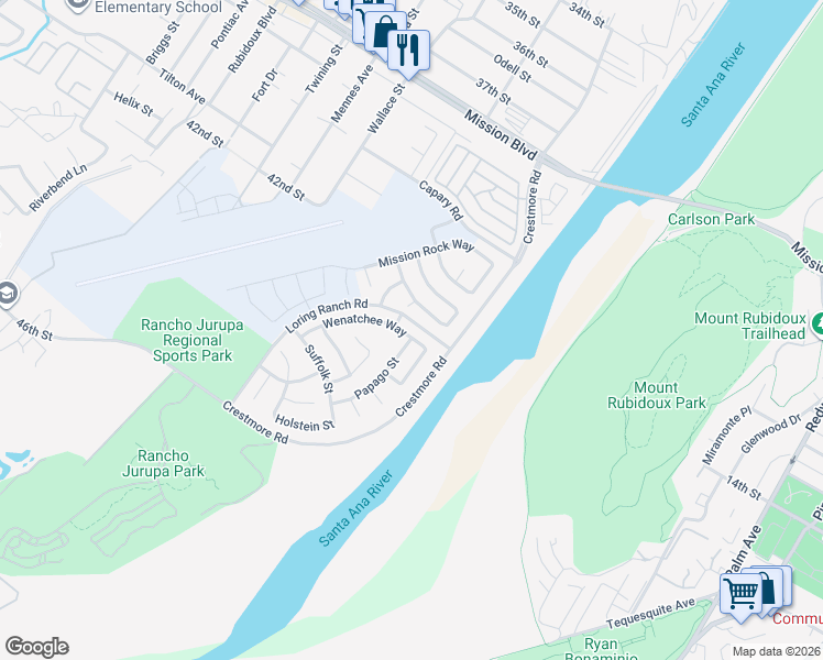 map of restaurants, bars, coffee shops, grocery stores, and more near 4153 Chittenden Circle in Riverside