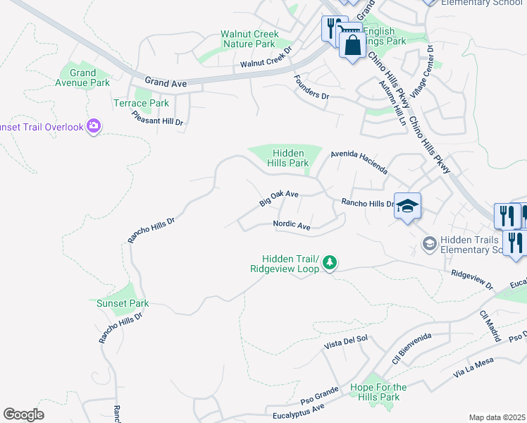 map of restaurants, bars, coffee shops, grocery stores, and more near 14655 Chisholm Trail in Chino Hills