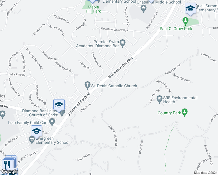 map of restaurants, bars, coffee shops, grocery stores, and more near 2028 Dublin Lane in Diamond Bar