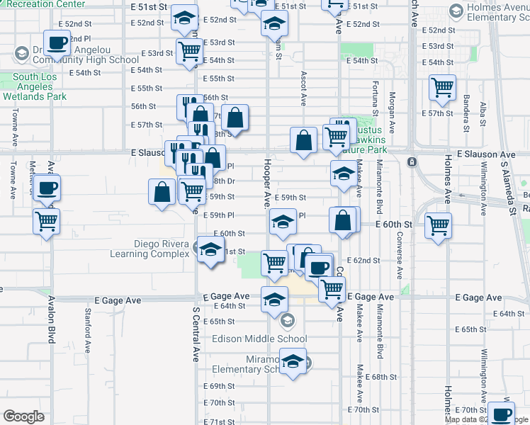 map of restaurants, bars, coffee shops, grocery stores, and more near 1246 East 59th Street in Los Angeles
