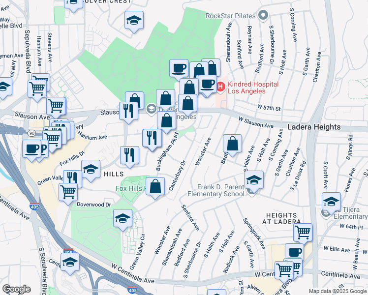 map of restaurants, bars, coffee shops, grocery stores, and more near 5660 Cambridge Way in Culver City