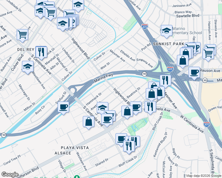 map of restaurants, bars, coffee shops, grocery stores, and more near 5332 Inglewood Boulevard in Culver City