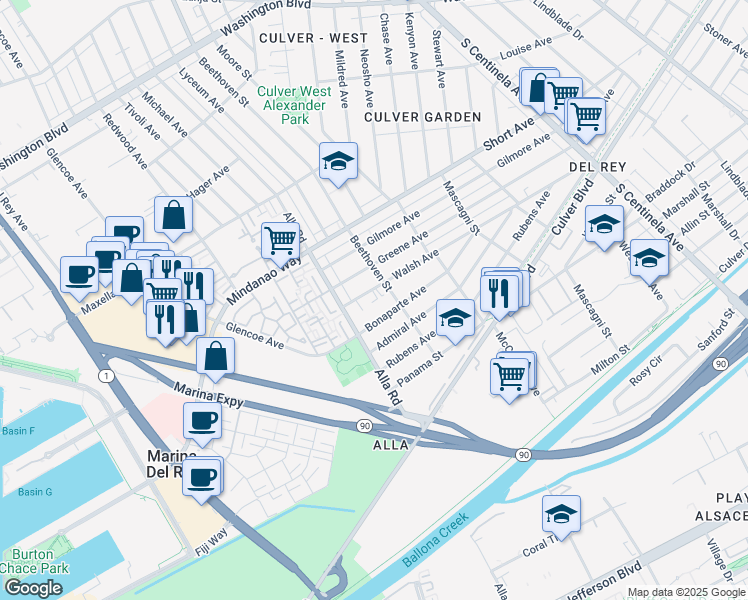 map of restaurants, bars, coffee shops, grocery stores, and more near 12920 Greene Avenue in Los Angeles