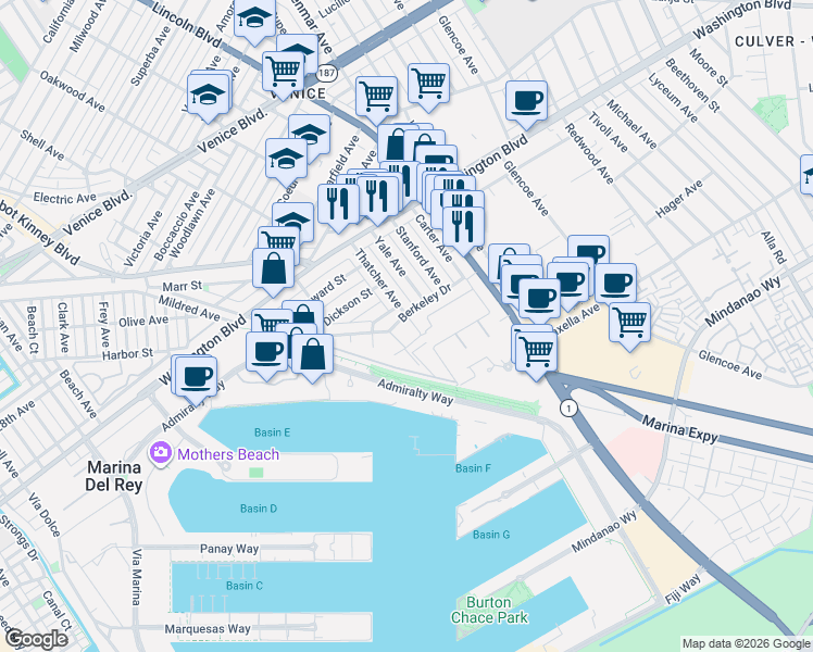 map of restaurants, bars, coffee shops, grocery stores, and more near 3125 Thatcher Avenue in Marina del Rey