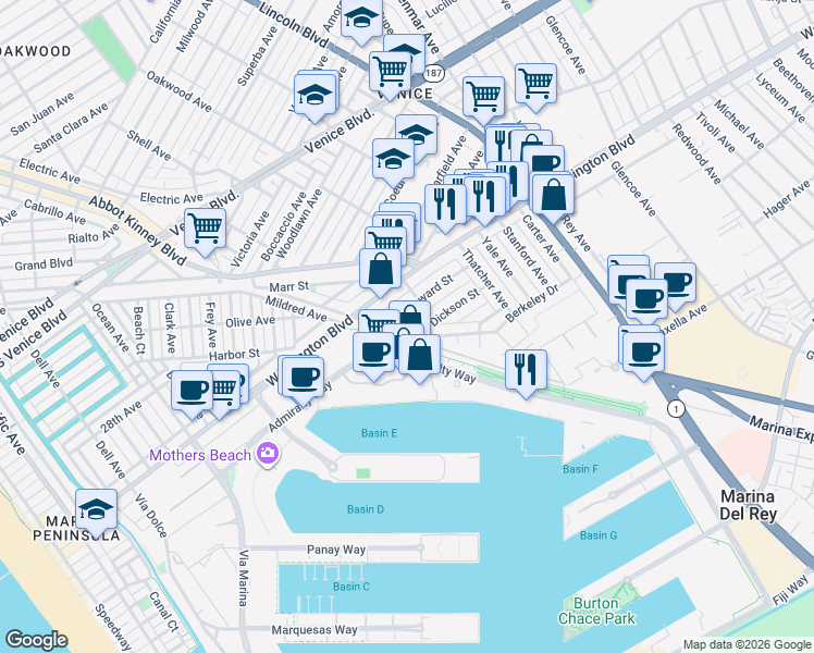 map of restaurants, bars, coffee shops, grocery stores, and more near 748 Howard Street in Marina del Rey
